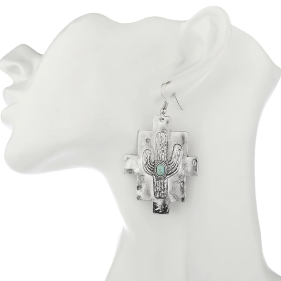 Turquoise Cactus Earrings. Silver. Western Boho - Picture 8 of 8